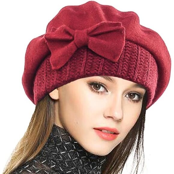 Accessories - Women's French Beret Wool Beret Floral Dress Beanie Winter Hat, Claret